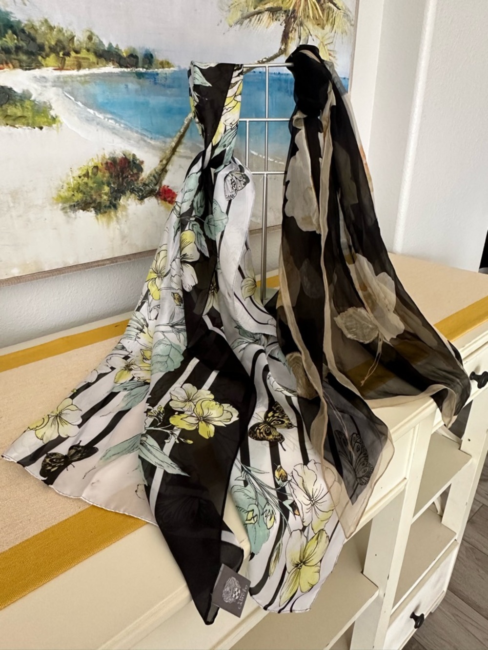 Vince Camuto Black White Floral Sheer Scarf with Yellow and Mint Accents